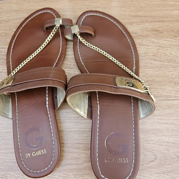 G By Guess Brown Leather Sandals with Gold Chain Size 8 - Picture 12 of 16